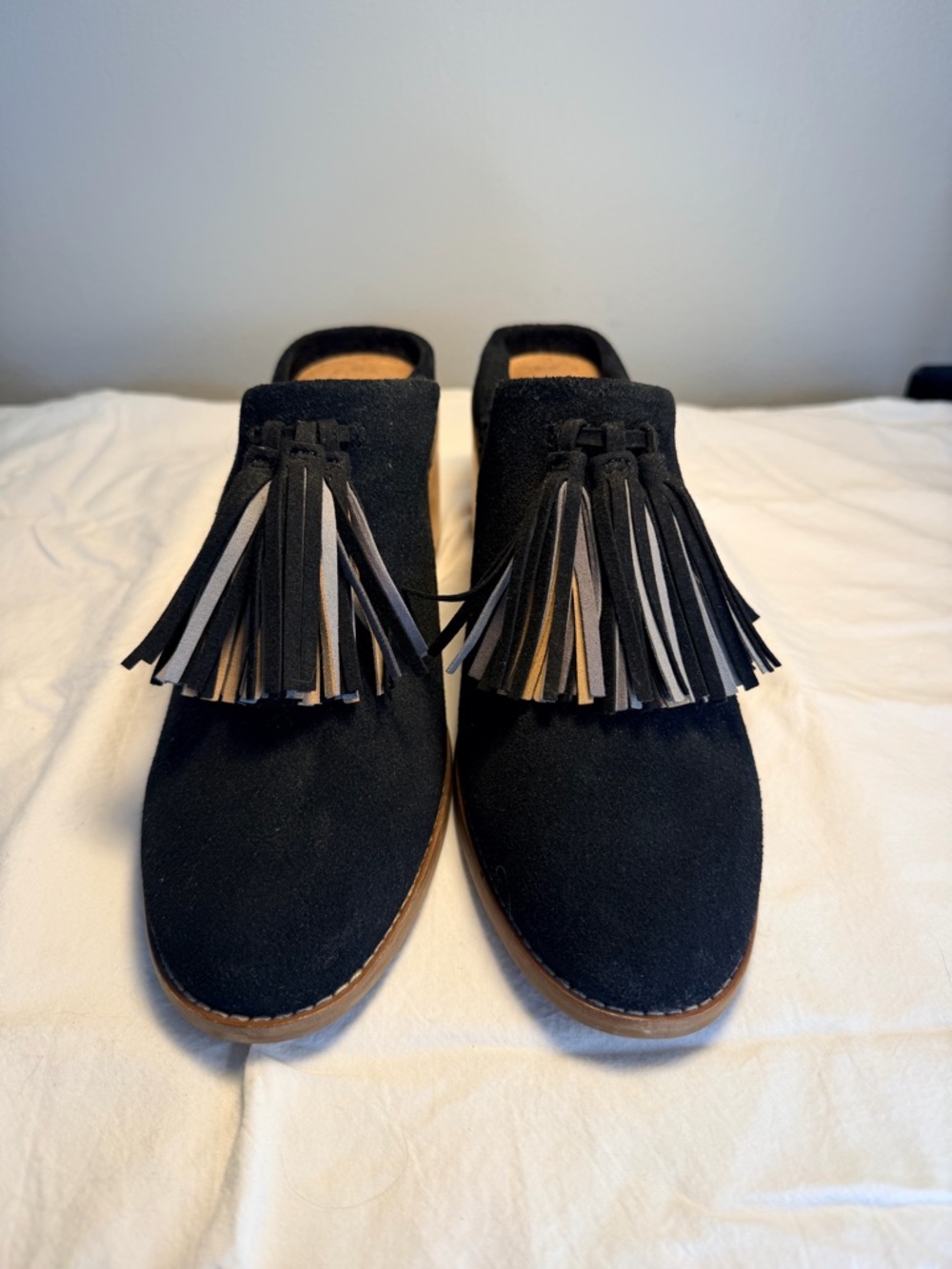 Toms Black Suede Tassel Mules with Multi-Tone Fringe
